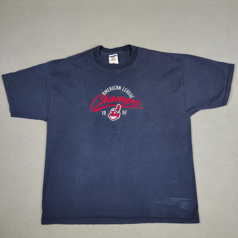 Vintage Cleveland Indians Shirt Men Large Blue 1997 AL Champs Chief Wahoo MLB US
